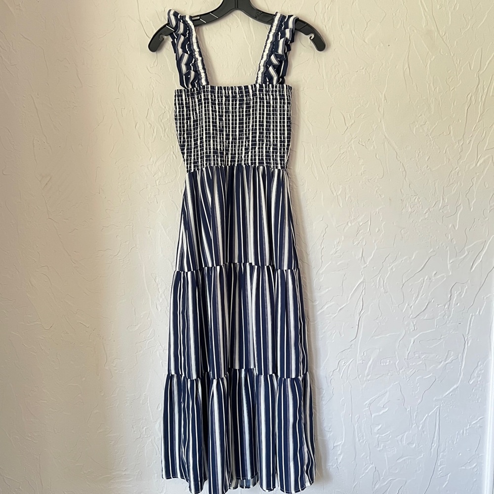 Stripe Smocked Maxi Dress, Size Small. Navy and white striped tiered maxi dress. - Picture 3 of 9